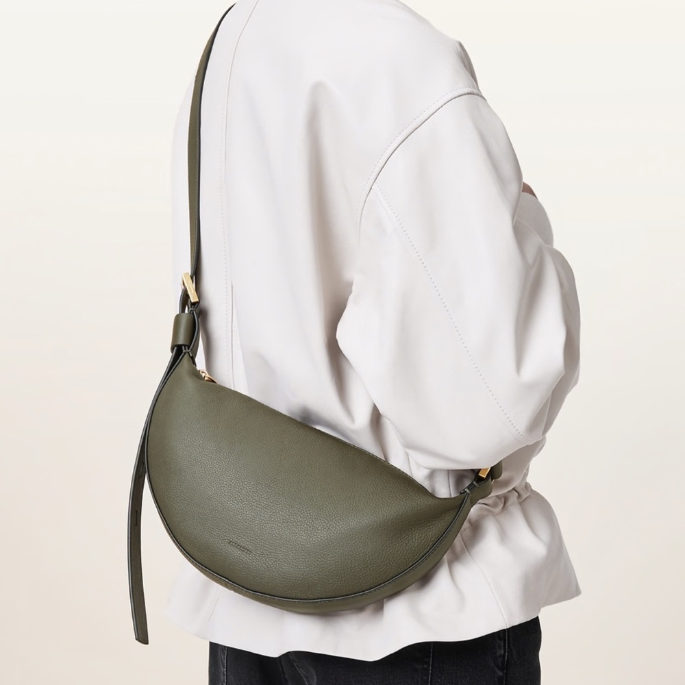 All Saints Half Moon Leather Crossbody Bag Tarmac Green Brand New